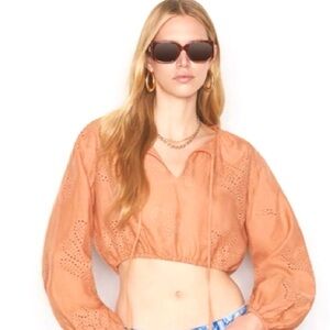 Frame Women's Eyelet Cropped Round Neck Tie Blouse